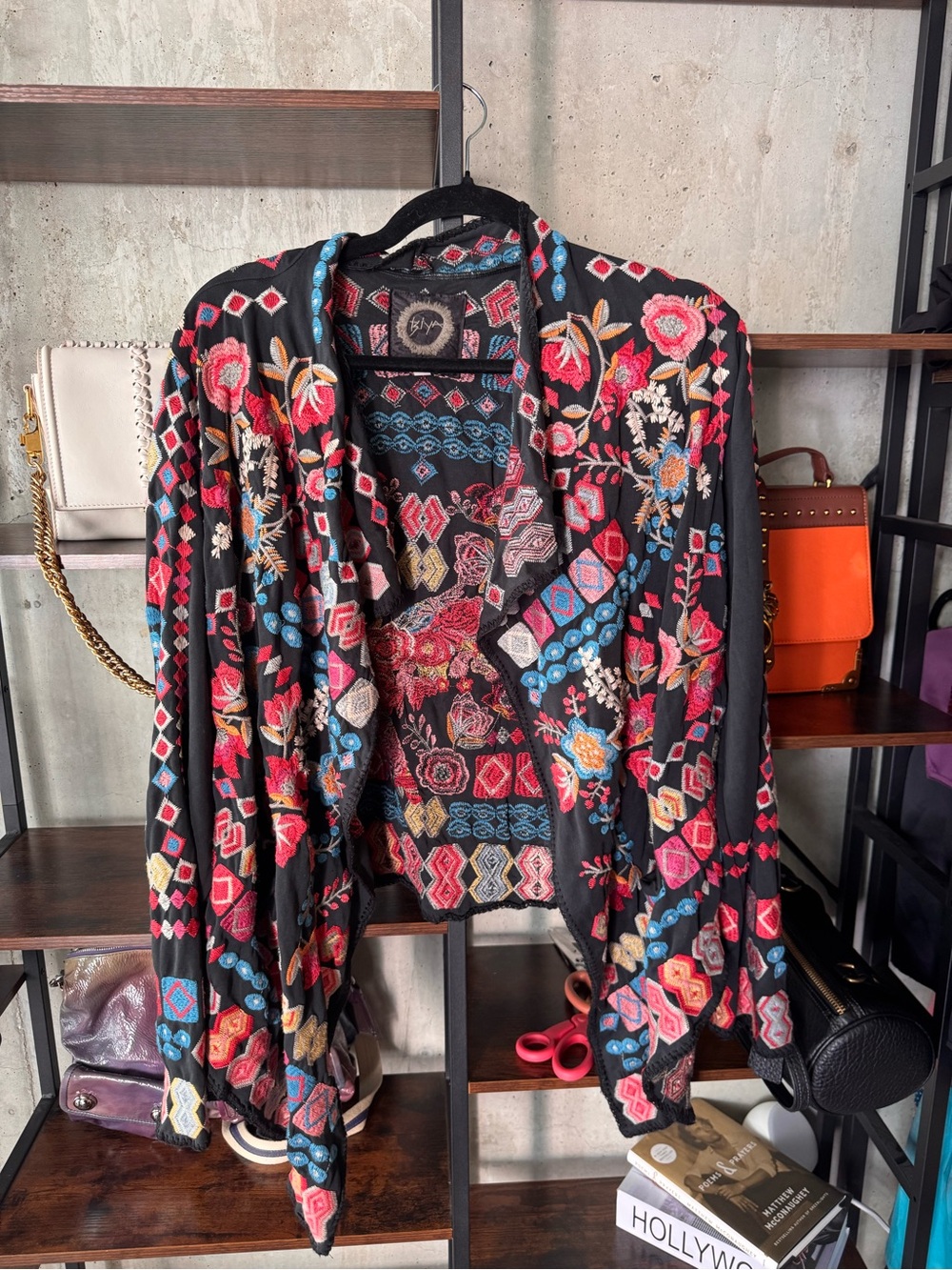 Johnny Was Black Open-Front Cardigan with Multicolor Embroidery